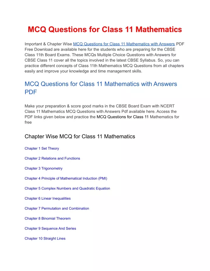 mcq questions for class 11 mathematics