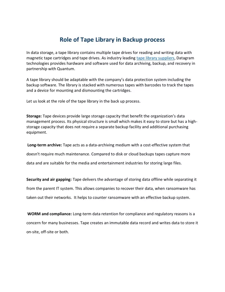 role of tape library in backup process in data
