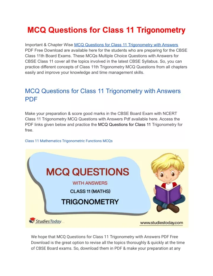 mcq questions for class 11 trigonometry