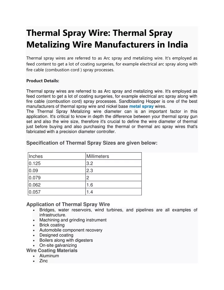 thermal spray wire thermal spray metalizing wire