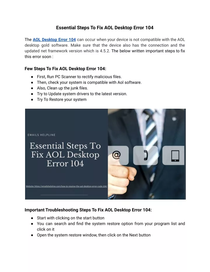 essential steps to fix aol desktop error 104