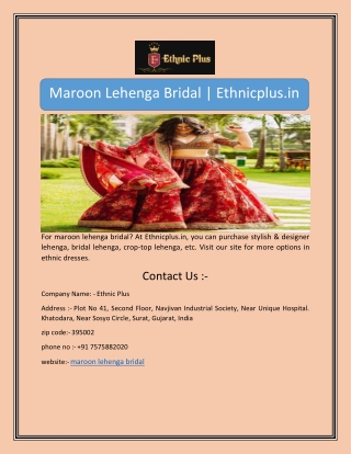 Maroon Lehenga Bridal | Ethnicplus.in