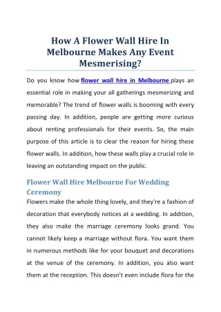 How A Flower Wall Hire In Melbourne Makes Any Event Mesmerising?