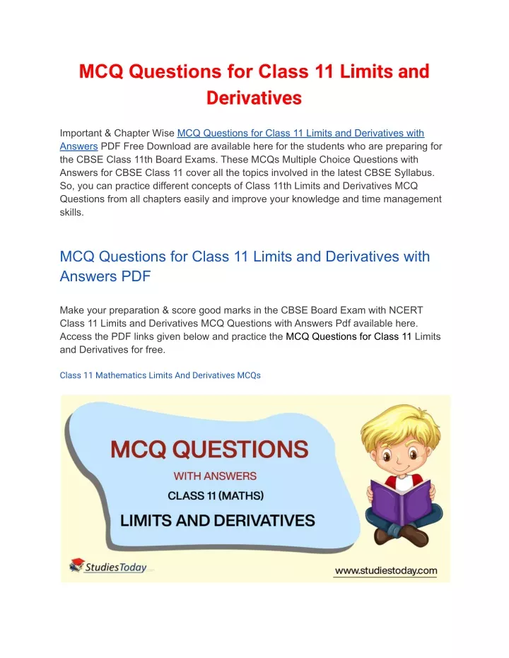 mcq questions for class 11 limits and derivatives