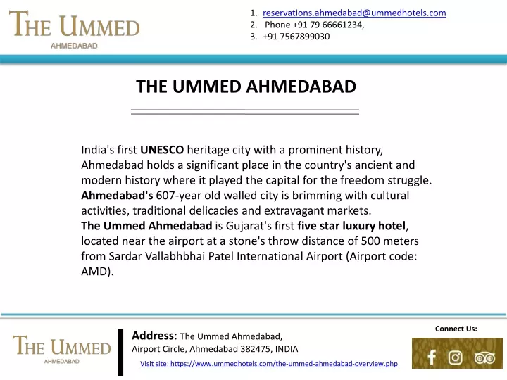 reservations ahmedabad@ummedhotels com phone