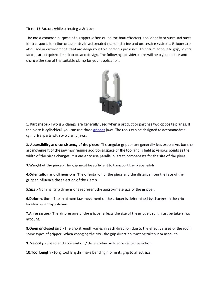 title 15 factors while selecting a gripper