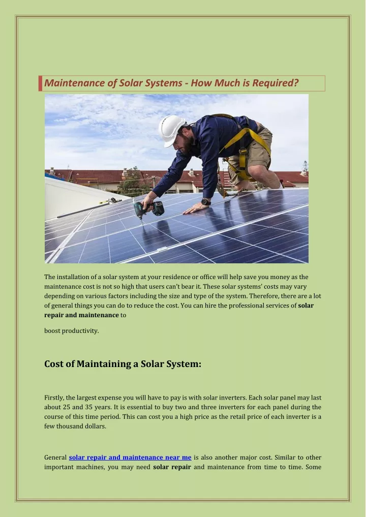 maintenance of solar systems how much is required