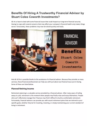 Stuart Coles Coworth Investments  | Select a Reliable Financial Advisor