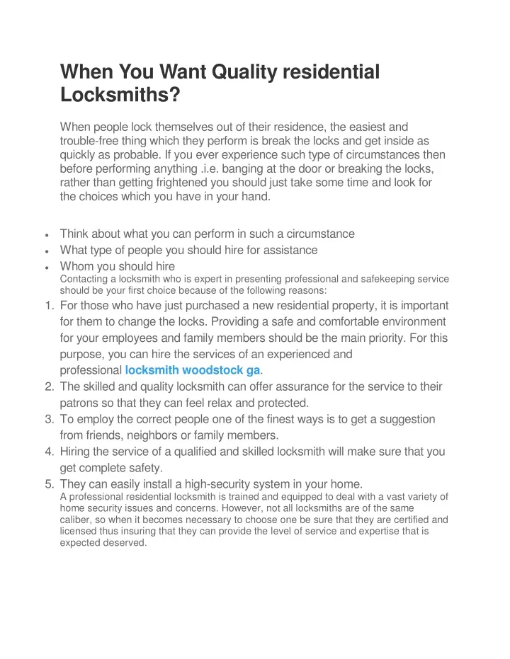 when you want quality residential locksmiths when