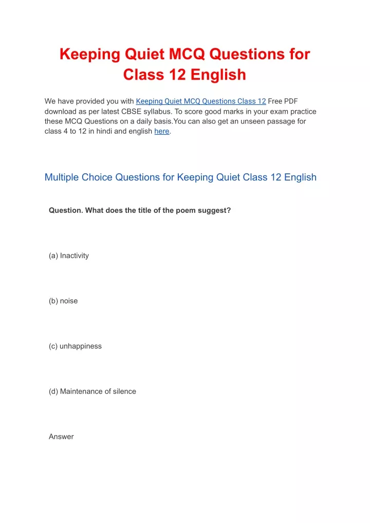 keeping quiet mcq questions for class 12 english