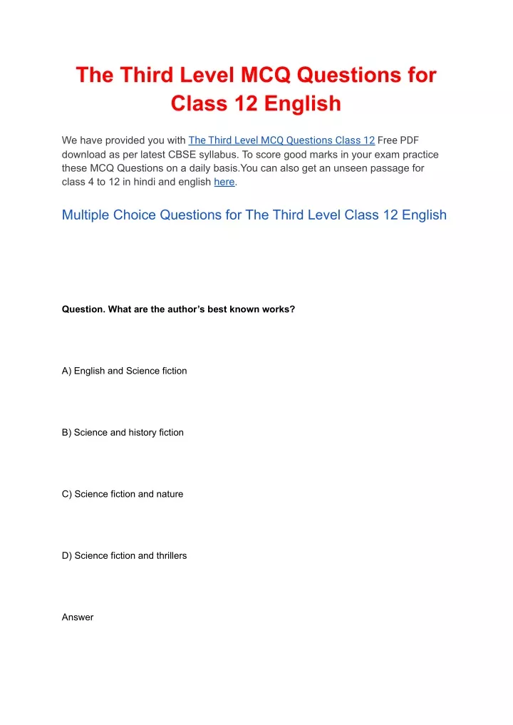 the third level mcq questions for class 12 english
