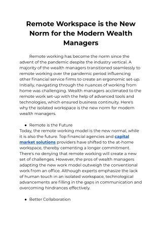 Remote Workspace is the New Norm for the Modern Wealth Managers