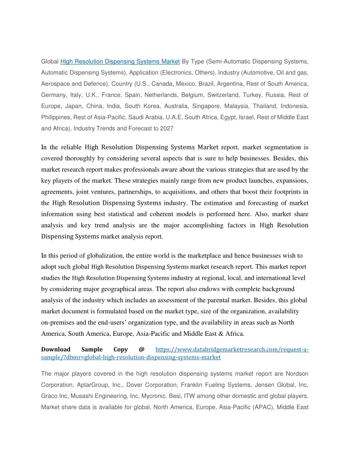 global high resolution dispensing systems market