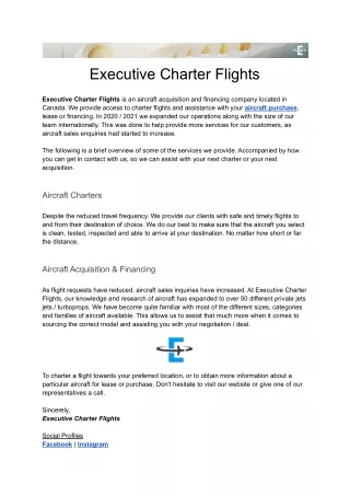 Executive Charter Flights: Company Update