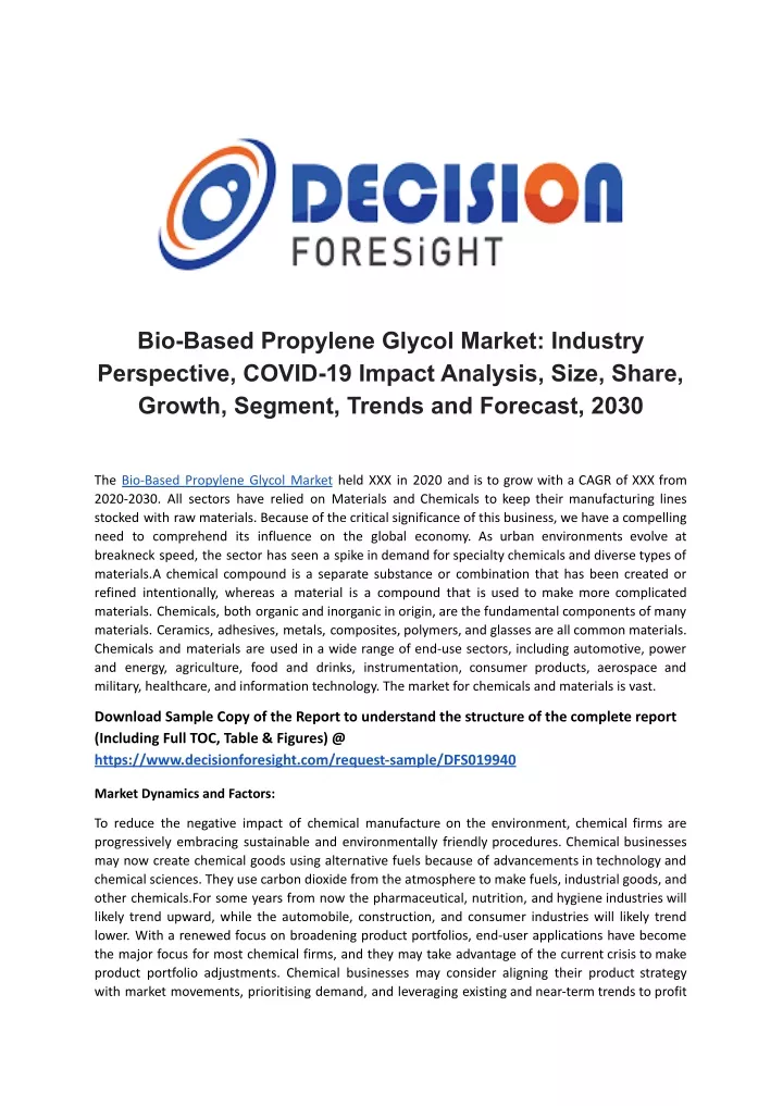 bio based propylene glycol market industry