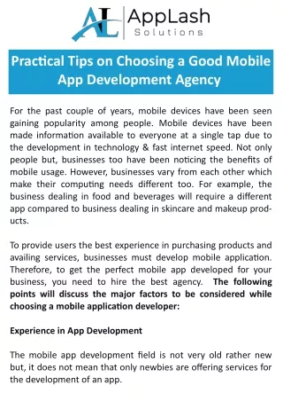 Practical Tips on Choosing a Good Mobile App Development Agency 