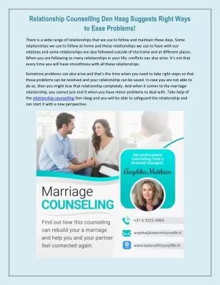 Relationship Counselllng Den Haag Suggests Right Ways to Ease Problems!