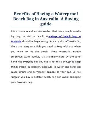 Benefits of Having a Waterproof Beach Bag in Australia |A Buying guide