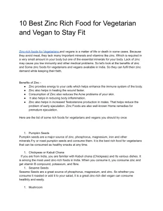 10 Best Zinc Rich Foods for Vegetarians and Vegan to Stay Fit