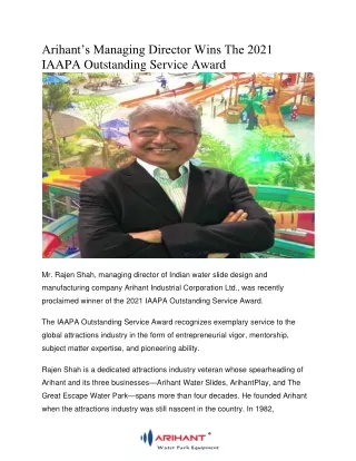 Arihant’s Managing Director wins the 2021 IAAPA Outstanding Service Award