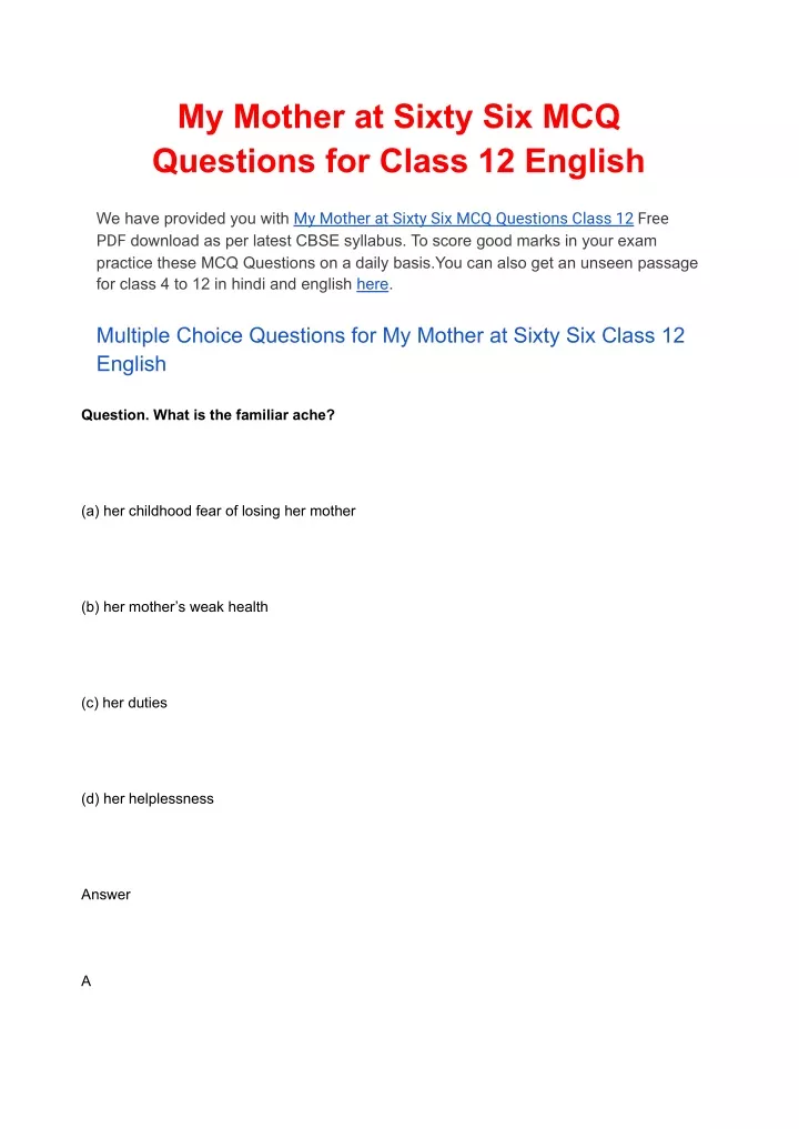 Ppt My Mother At Sixty Six Mcq For Class 12 English Free Pdf Download Powerpoint Presentation 5039