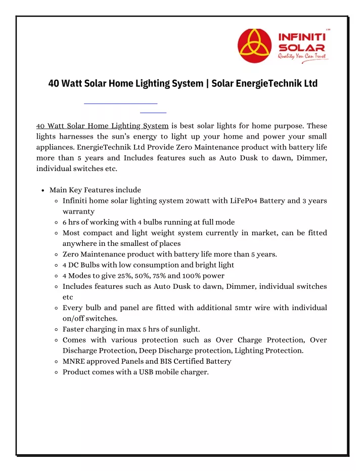 40 watt solar home lighting system solar