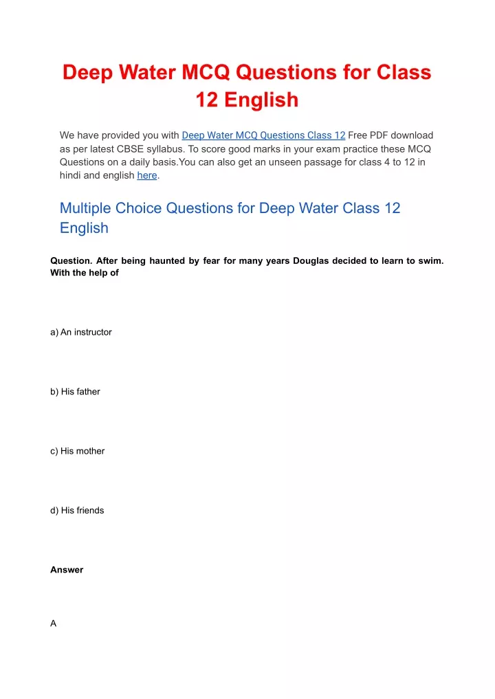 deep water mcq questions for class 12 english