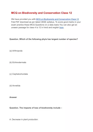 mcq on biodiversity and conservation class 12