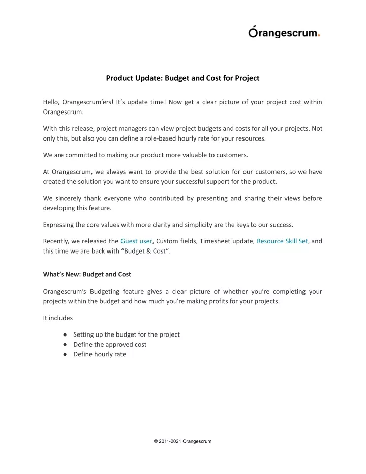 product update budget and cost for project