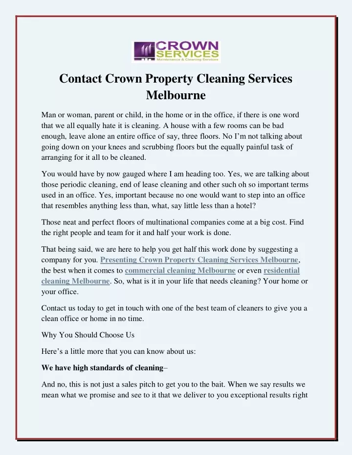 contact crown property cleaning services melbourne