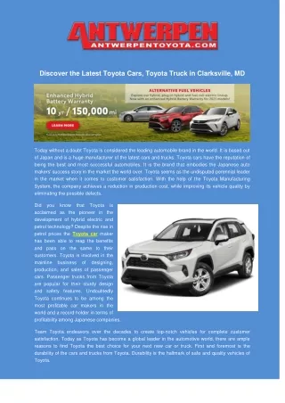 Discover the Latest Toyota Cars, Toyota Truck in Clarksville, MD