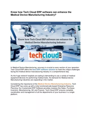 Know how Tech Cloud ERP software can enhance the Medical Device Manufacturing Industry