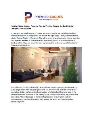 Handicraft and Interior Planning Tips by Premier Abodes the Best Interior Designers in Bangalore