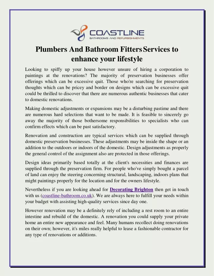 plumbers and bathroom fitters services to enhance