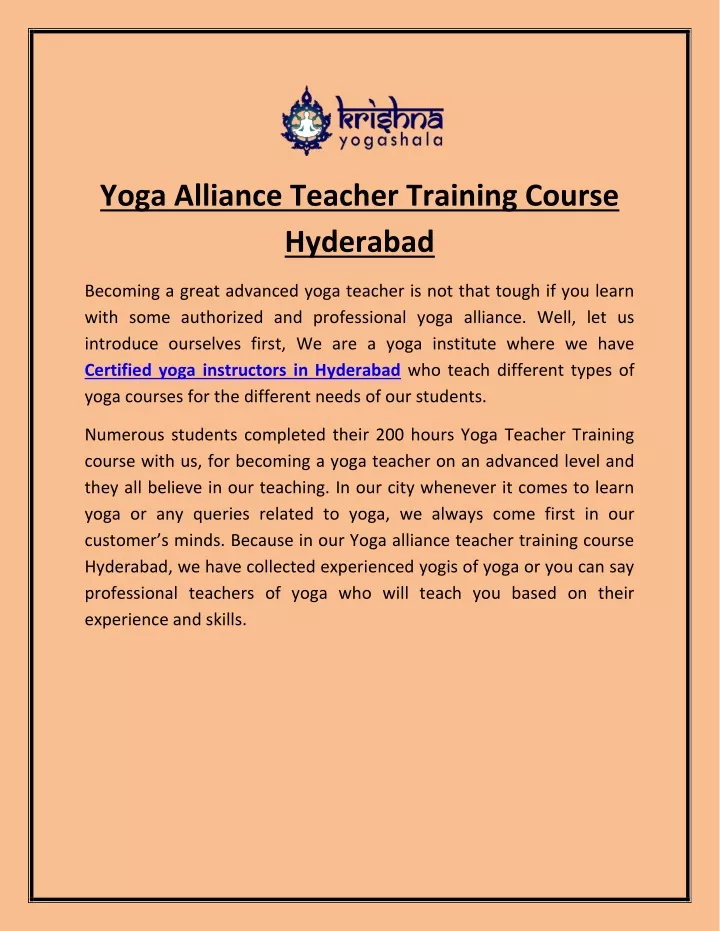 yoga alliance teacher training course hyderabad
