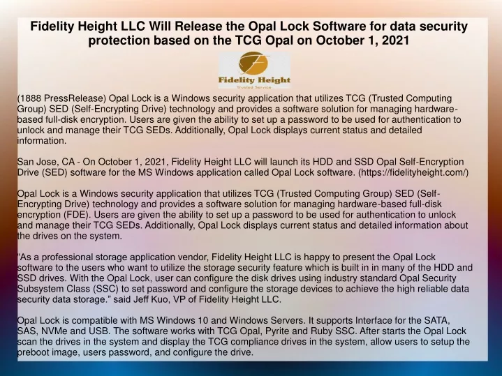 fidelity height llc will release the opal lock
