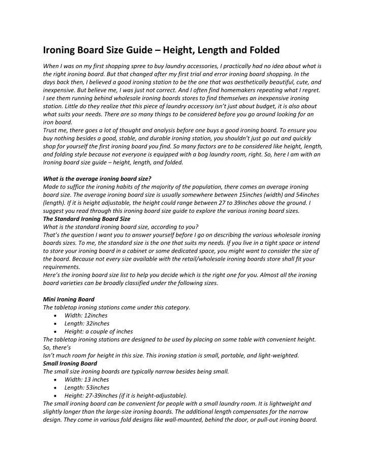 ironing board size guide height length and folded