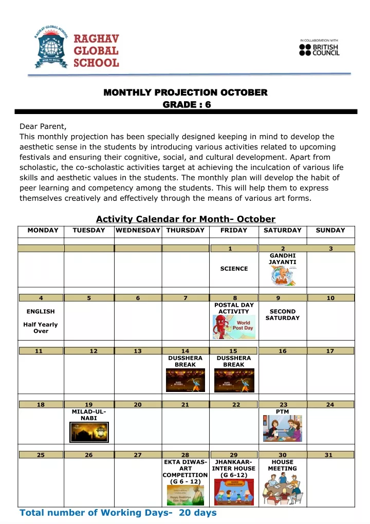 monthly projection october grade 6