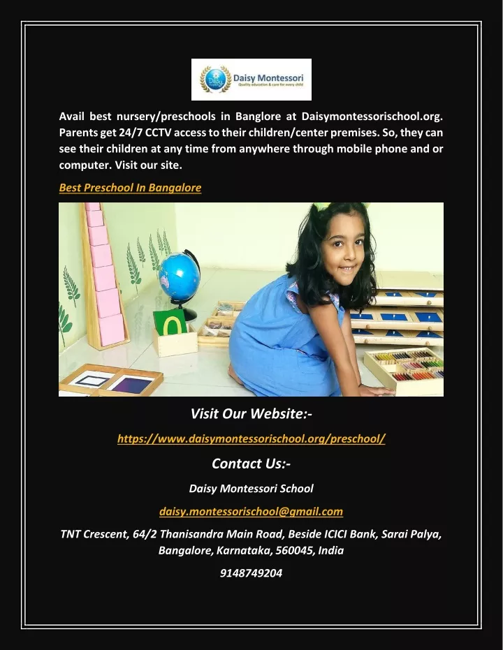 avail best nursery preschools in banglore