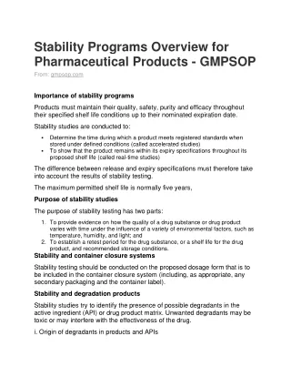 Stability Programs Overview for Pharmaceutical Products
