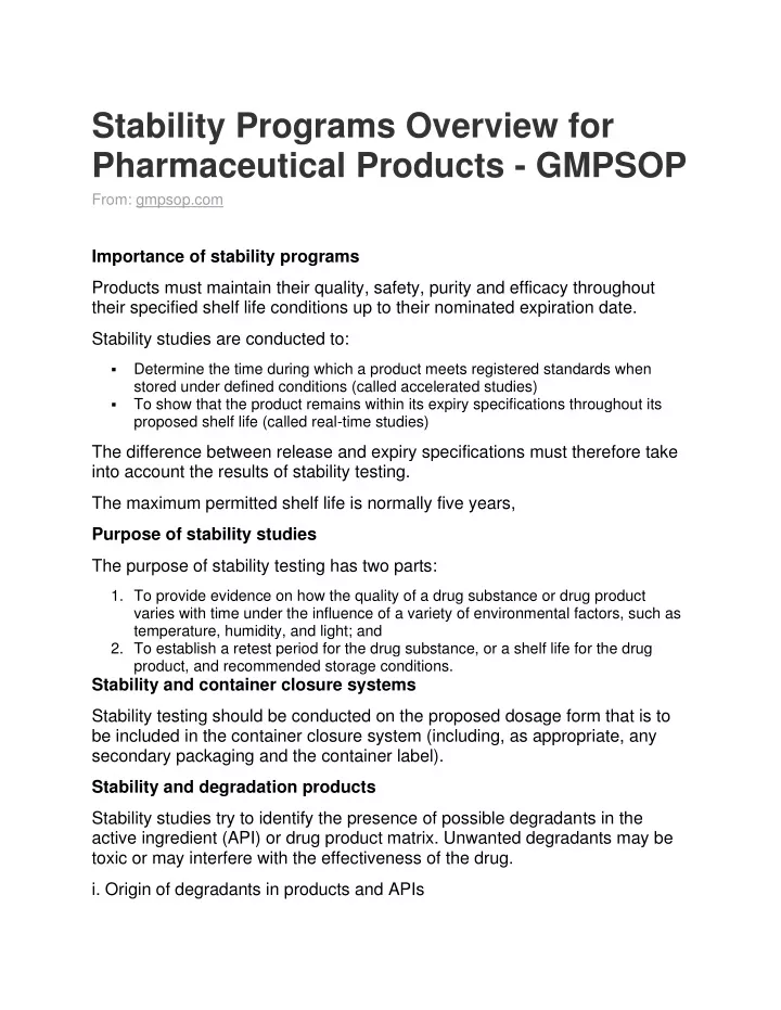 stability programs overview for pharmaceutical