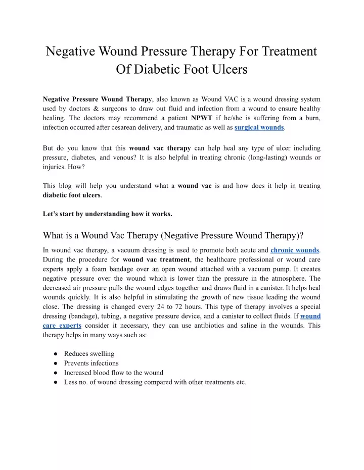 negative wound pressure therapy for treatment
