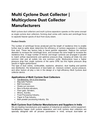Multicyclone Dust Collector Manufacturers and Suppliers in India