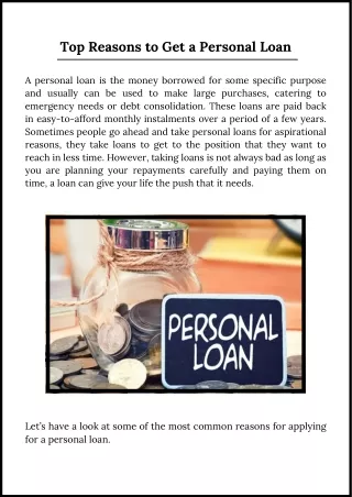 Top Reasons to Get a Personal Loan