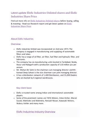 Gat latest update on Elofic Industries Pre IPO