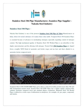 Stainless Steel 304 Pipe Manufacturer, Seamless Pipe Supplier - Nakoda Steel Industry