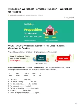 preposition worksheet for class 1 english