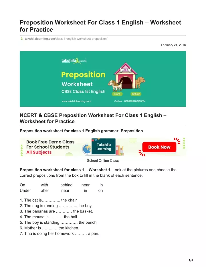preposition worksheet for class 1 english