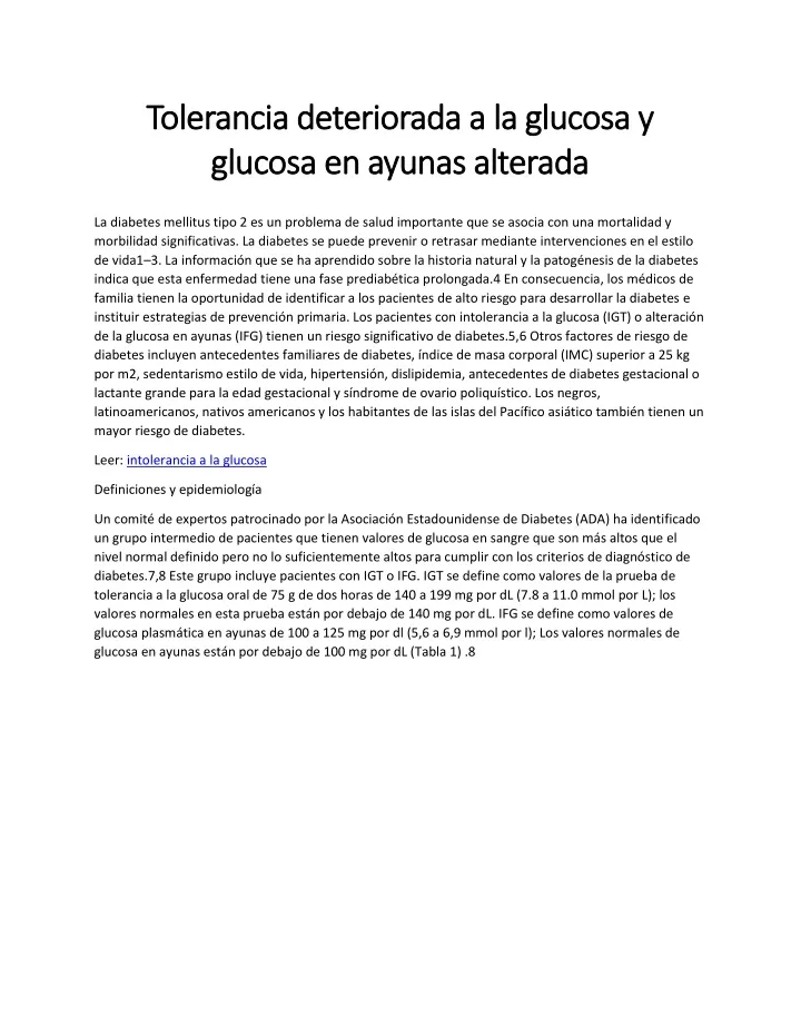 tolerancia deteriorada a la glucosa y tolerancia