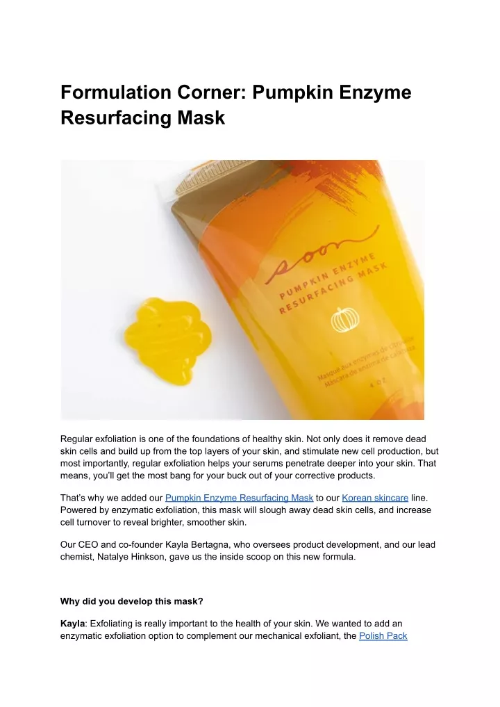 formulation corner pumpkin enzyme resurfacing mask